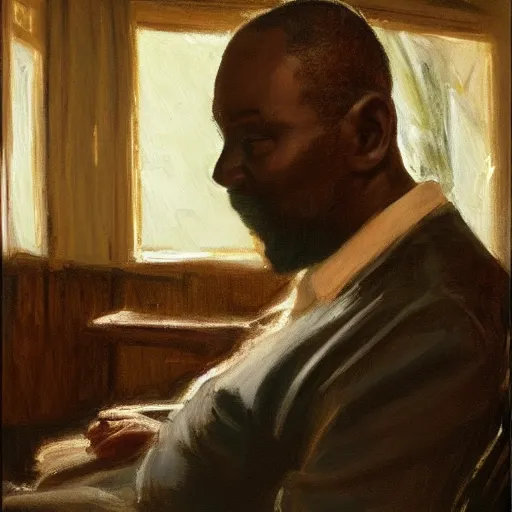 Prompt: a painting of a well fed, thinker, thoughtful, focused, visionary, calm, jovial, loving, daddy/fatherly, generous, elegant elder and his on from Kenya by Henry Ossawa Tanner . dramatic angle, ethereal lights, details, smooth, sharp focus, illustration, realistic, cinematic, artstation, award winning, rgb , unreal engine, octane render, cinematic light, macro, depth of field, blur, red light and clouds from the back, highly detailed epic cinematic concept art CG render made in Maya, Blender and Photoshop, octane render, excellent composition, dynamic dramatic cinematic lighting, aesthetic, very inspirational, arthouse.
