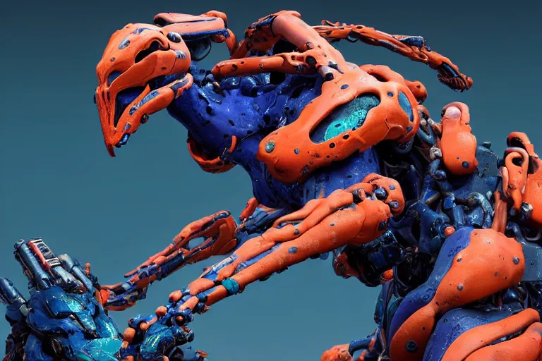 Image similar to portrait of a posed hyper detailed kaki and ultramarine leaplasher evangelion realistic mechanical and fleshy organic creature similar look as horizon forbidden west horizon zero dawn bioluminiscence in a dark deep forest at dawn in spring, with reflection and textures, by kilian eng, substance painter reaslitic mech surface metal painted scratches