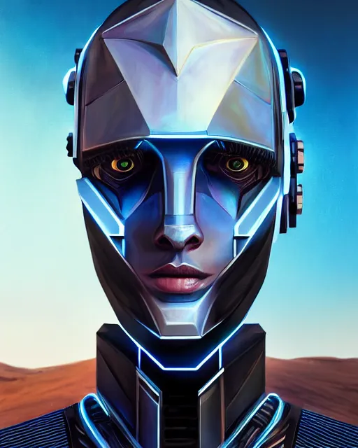 Image similar to portrait of a handsome symmetric beautiful futuristic sci - fi cyberpunk cyborg, desert oasis background, ultra realistic, highly detailed, hd, sharp focus, cinematic lighting, realistic, photorealistic, vivid colors, painting, photograph, digital art, non blurry, sharp, artstation, concept art, smooth, illustration
