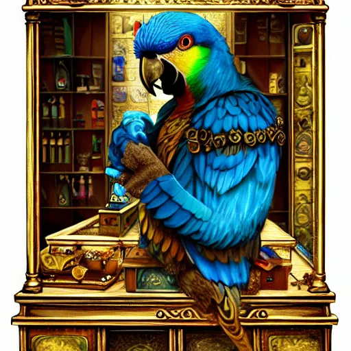 Image similar to A Anthropomorphized parrot trader in his shop, selling his wares, portrait, items, gold, carpet, window, sly expression, cunning expression, presenting wares, holding a gold bag, D&D, fantasy, intricate, cinematic lighting, highly detailed, digital painting, artstation, concept art, smooth, sharp focus, illustration, warm light, magic the gathering artwork, art by Akihiko Yoshida, Greg Rutkowski