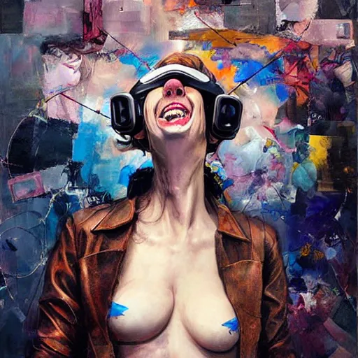 Image similar to grinning woman in a vr headset wearing leather outfit, dynamic energic pose, cyberpunk in the style of adrian ghenie, esao andrews, jenny saville, surrealism, dark art by james jean, takato yamamoto