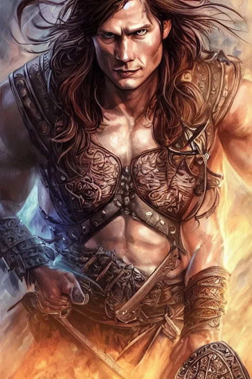 Image similar to romance book for women illustration, front portrait of attractive sam winchester as a viking warrior, clothes torn apart, muscular chest tattooed with runes and symbols, d & d!, fantasy style, sharp focus!, ultra detailed, art by artgerm and peter andrew jones, wlop