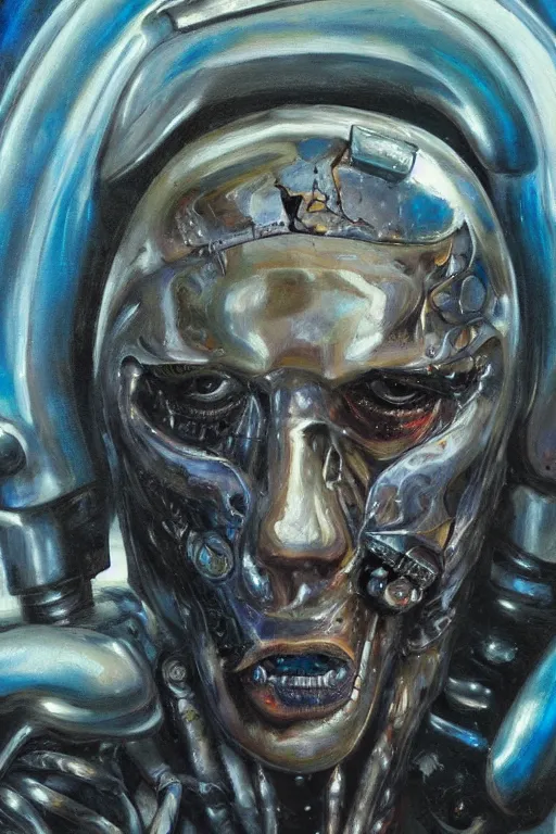 Prompt: oil painting, close-up, hight detailed, melting cyborg had half his face cut off, in style of 80s sci-fi art, neodada