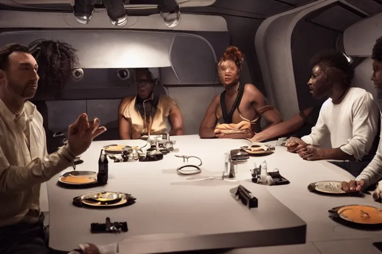 Image similar to movie diverse interracial small team of European sci-fi futuristic space explorers talking at the table in a spaceship kitchen, beautiful skin, Symmetrical faces. Beautiful lighting by Emmanuel Lubezki