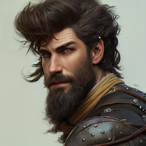 Image similar to portrait of a young, ruggedly handsome ranger, muscular, half body, leather, hairy, d & d, fantasy, intricate, elegant, highly detailed, digital painting, artstation, concept art, smooth, sharp focus, illustration, art by artgerm and greg rutkowski and alphonse mucha