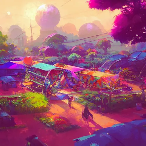 Image similar to hippie bohemian encampment with tie - dye tents and a garden. cyberpunk art by jesper ejsing, by rhads and makoto shinkai and lois van baarle and ilya kuvshinov and rossdraws, cgsociety, panfuturism, nature utopia, anime aesthetic