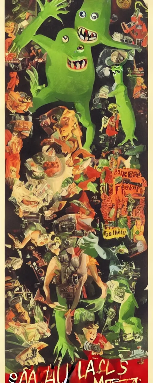 Image similar to vintage movie poster for salad monsters from outer space!