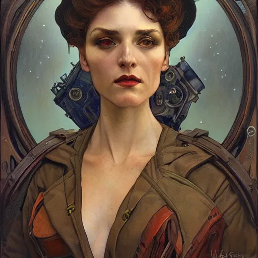 Prompt: a dieselpunk painting in the style of donato giancola, and in the style of tom bagshaw, and in the style of alphonse mucha. symmetry, smooth, sharp focus, semi - realism, intricate detail.