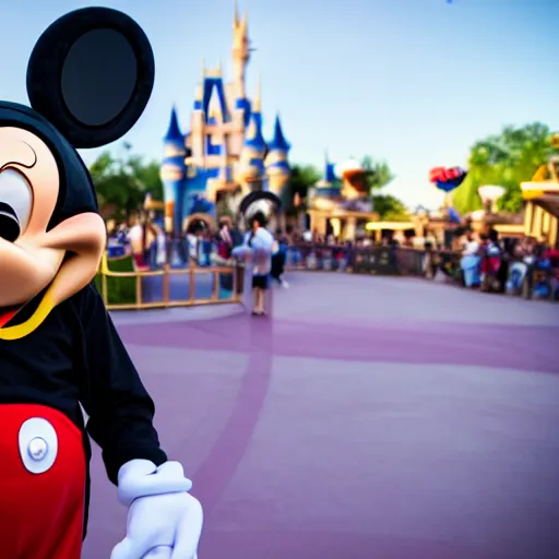 Image similar to POV of me in Disney World fighting Mickey Mouse, XF IQ4, 150MP, 50mm, F1.4, ISO 200, 1/160s, natural light