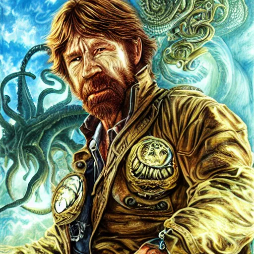 Image similar to uhd photorealistic detailed image of chuck norris fighting lovecraftian cthulhu by ayami kojima amano, karol bak, correct face