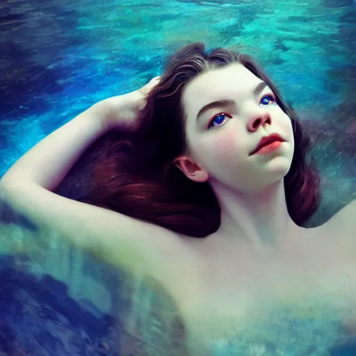 Image similar to portrait of a beautiful girl + anya taylor - joy floating under the deep dream water, beautiful smooth soft light + white petal, by personal photography, art by brookskim, closeup, 4 k, highly detailed, instagram,