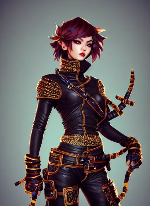 Image similar to rogue, fantasy ornate leather bandit outfit!!! beautiful and athletic short hair female!! gorgeous face and eyes!! character concept art, sharp focus, octane render! unreal engine 5! highly rendered!! trending on artstation!! detailed linework!! illustration by artgerm, chie yoshii, and wlop