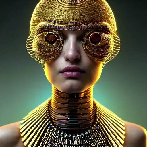 Image similar to portrait of an absurdly beautiful, graceful, sophisticated, fashionable egyptian cyberpunk mechanoid gravure idol, hyperdetailed illustration by irakli nadar, matt wisniewski style, intricate linework, fashion photography, porcelain skin, jellyfish headdress, golden cable necklace, unreal engine 5 highly rendered, radiant light, detailed and intricate environment