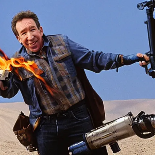 Image similar to tim allen with a flamethrower