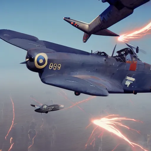 Image similar to an epic dogfight between a p 3 8 lightning, full color, 8 k cinematic photography, explosions in the background, parachutes, ultra realistic digital art, unreal engine, style of keith