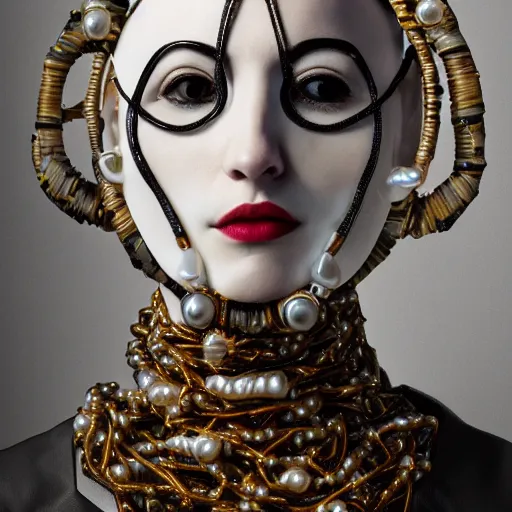 Prompt: a beautiful futuristic portrait covered by mask made of pearl and silk twisted around neck, necklace made by wires, design by leonardo davinci, inspired by egon schiele, modern art, baroque art jewelry, new classic, hyper realistic, cinematic composition, cinematic lighting, fashion design, concept art, hdri, 4 k -