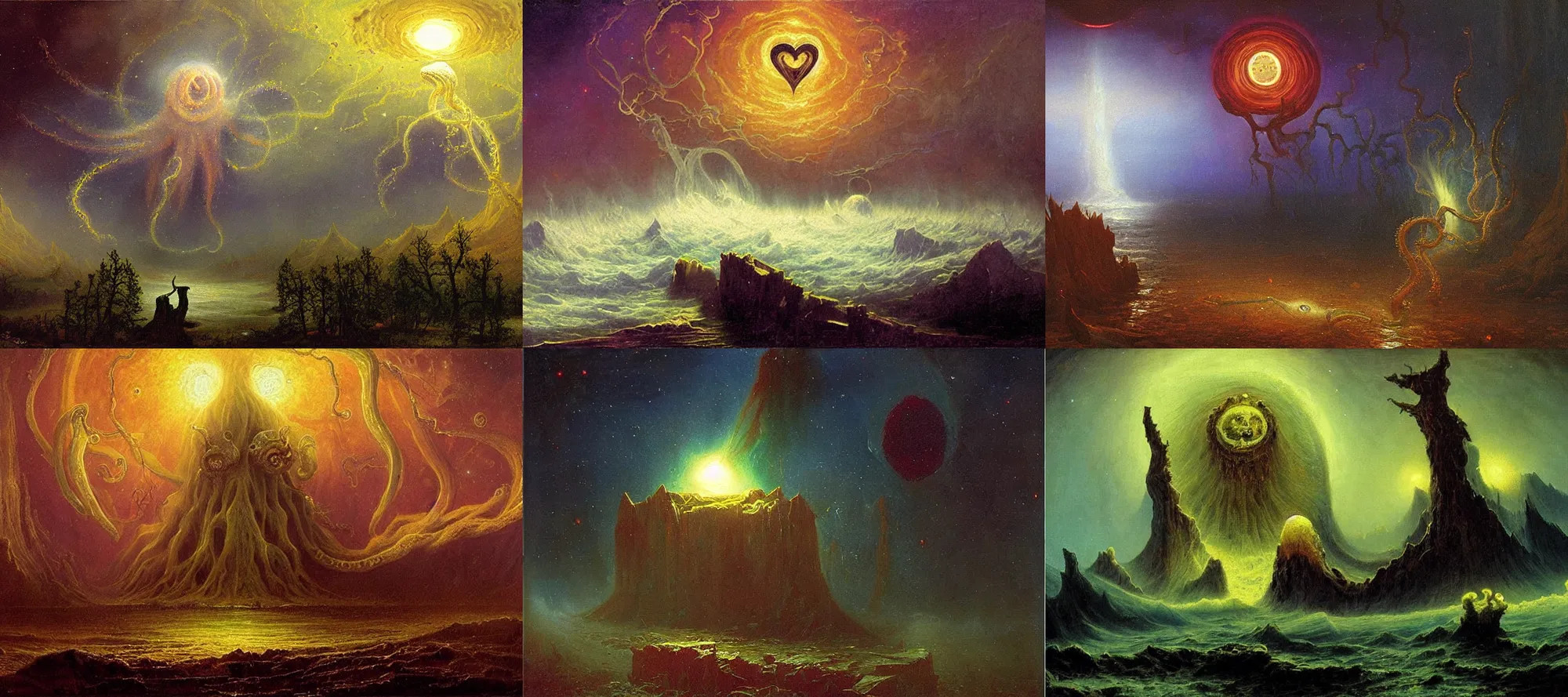 Prompt: lovecraftian, cosmic horror, painting by albert bierstadt