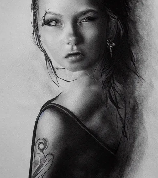 Image similar to a beautiful girl portrait, faded mountain background, realism tattoo, in the style of den yakovlev, black and white, hyper realistic, highly detailed