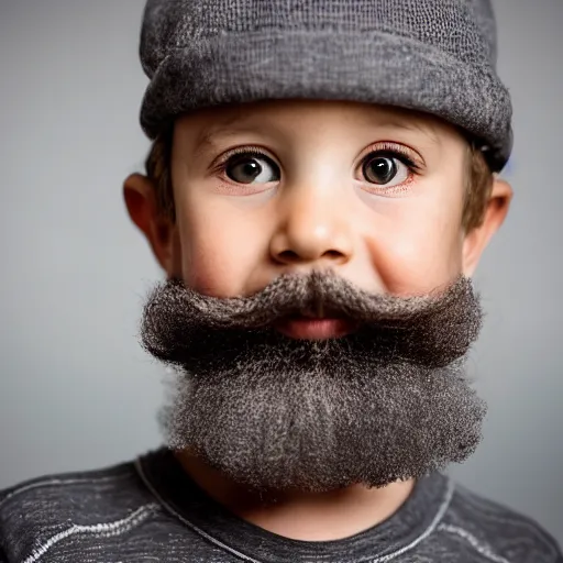 Prompt: a 4 year old boy with a gray natural beard, real natural mustache, old wrinkly skin, young kid, 4 years old, very young, portrait photo by annie leibovitz, head shot, sigma 8 5 mm f 1. 4