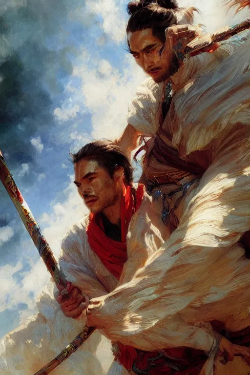 Image similar to attractive man, wuxia, colorful, painting by gaston bussiere, craig mullins, greg rutkowski, j. c. leyendecker