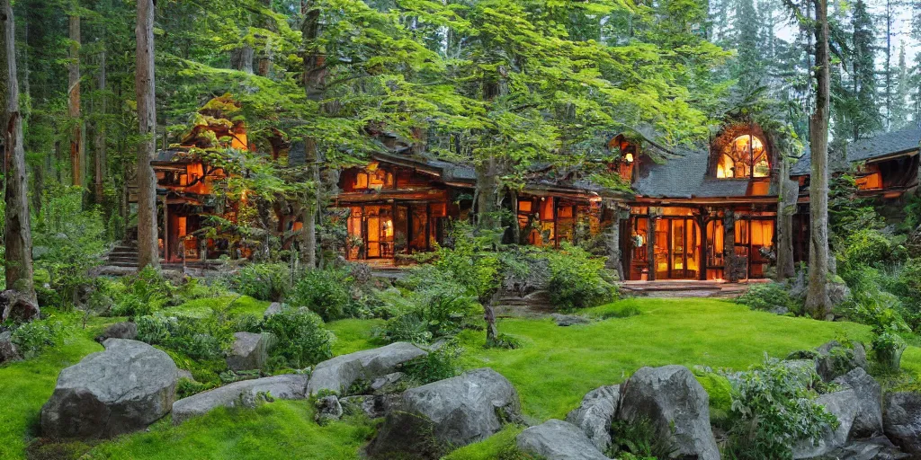 Prompt: residence in the style of rivendell, pacific northwest
