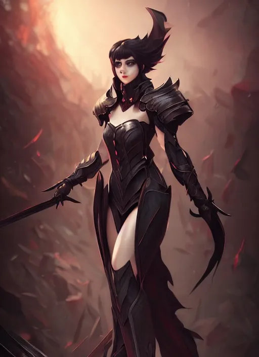 Image similar to full plate armor!!! beautiful and elegant dark hair female vampire!! gorgeous ayes!! character concept art, sharp focus, octane render! unreal engine 5! highly rendered!! trending on artstation!! detailed linework!! illustration by artgerm, wlop, and chie yoshii