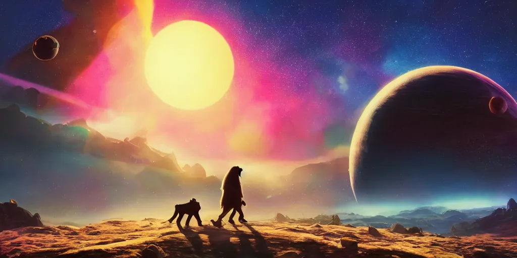 Image similar to giant pug walking on a planet, beautiful background, brightly colored, still, photograph, trending on artstation, dynamic lighting, cinematic, highly detailed, sharp focus, space, universe, stars