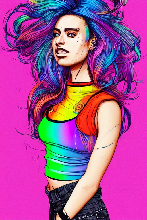 Image similar to a award winning half body portrait of a beautiful woman with stunning eyes in a printed croptop and cargo pants with rainbow colored ombre hairstyle head in motion and hair flying by josan gonzales, outrun, vaporware, shaded flat illustration, digital art, trending on artstation, highly detailed, fine detail, intricate