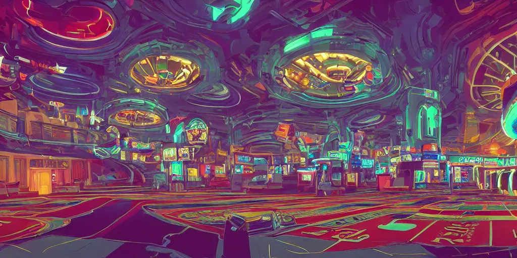 Image similar to extreme wide angle curly perspective digital art of indoor casino with a stage pale colors by anton fadeev from nightmare before christmas