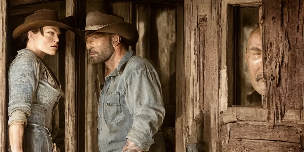 Image similar to in an old west cabin, close up shot of beautiful Mila Jovovich (alone) in the doorway and Dave Bautista cowboy standing ((alone)) at the window talking to each other , in the style of Fredrick Remington, oil painting