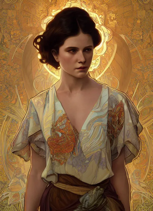 Image similar to Claire Elizabeth Cottrill wearing luxuruous hawaiian rayon shirt, rule of thirds, accurately portrayed, portrait art by alphonse mucha and greg rutkowski, highly detailed, digital painting, concept art, illustration, ethereal lighting with twilight rays of sunlight, trending on artstation, very detailed, smooth, sharp focus, octane render, close up