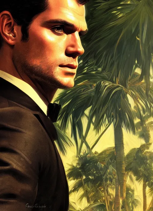 Image similar to portrait of henry cavill as james bond, key art, palm trees, vintage aston martin, highly detailed, digital painting, artstation, concept art, cinematic lighting, sharp focus, illustration, by gaston bussiere alphonse mucha