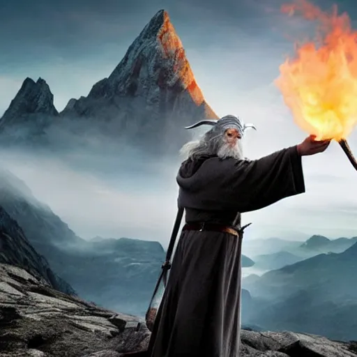 Prompt: Gandalf the Grey confidently taking a Selfie on the mountain, a balrog in the background looming,