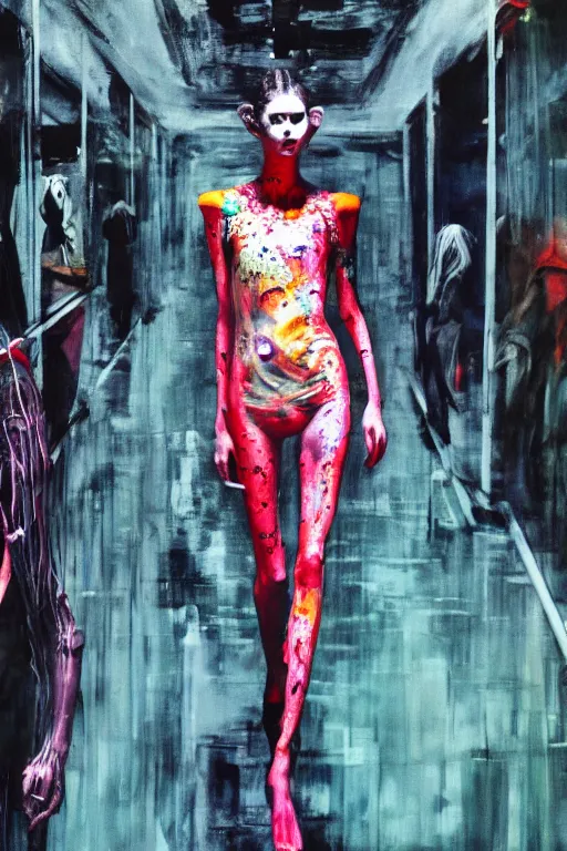 Image similar to crazy fashion catwalk, one model, crazy clothes, biopunk style, horror, clothes look like slime, hauntingly surreal, highly detailed painting by francis bacon, edward hopper, adrian ghenie, gerhard richter, and james jean soft light 4 k,