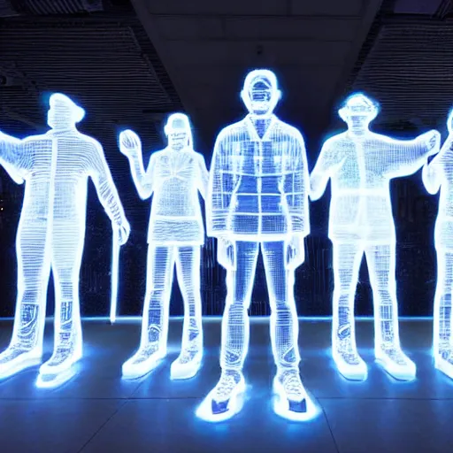 Prompt: a group of people standing in front of a display of illuminated figures, a hologram by stanley twardowicz, trending on shutterstock, holography, dystopian art, stockphoto, global illumination