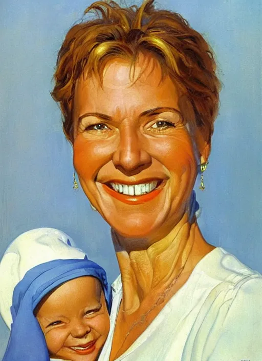 Image similar to portrait of a cheerful mother by robert mccall and vladimir kush