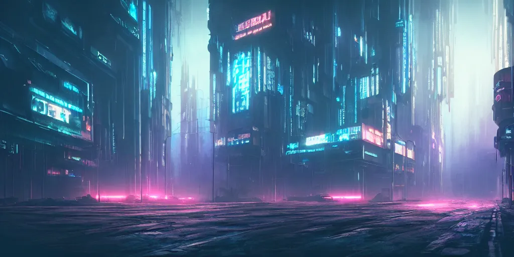 Image similar to wide angle view of a dystopian underground cyberpunk city, highly detailed, digital matte painting, concept art, amazing depth, misty, dramatic lighting, illuminated lines, outrun, vaporware, octane render, artstation, 8 k, by federico pelat and liam wong and florian pasquier