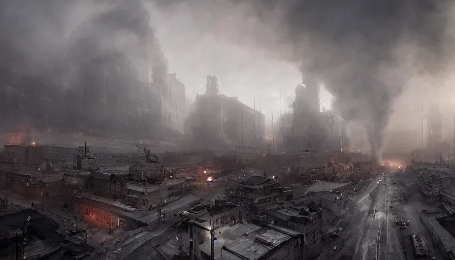 Prompt: Dieselpunk Norilsk city, Kirov reporting, steam, factory plants with dark smoke in the background, epic composition, intricate, elegant, volumetric lighting, digital painting, highly detailed, artstation, sharp focus, illustration, concept art, ruan jia, steve mccurry