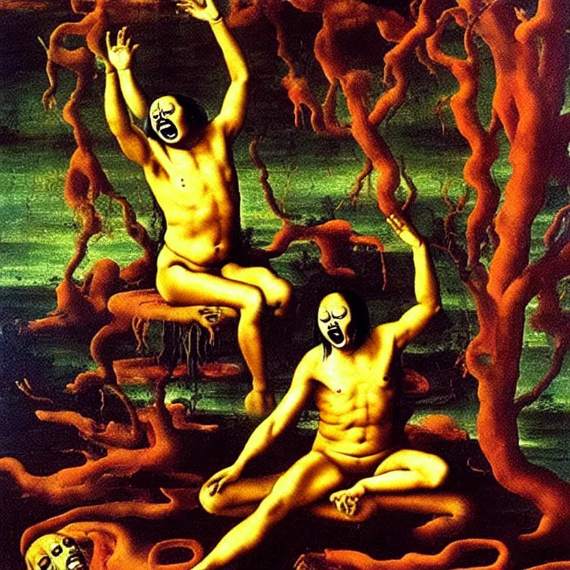 Image similar to a sacred painting of a beautiful flesh - eating timikawa with rainbow fur eating a screaming man, sitting on chair made of human limbs, the chair is floating in a lake of blood, surrounding the lake are melting trees, nightmare scene, supernatural, highly detailed, creepy, terrifying, famous painting by raphael and salvador dali