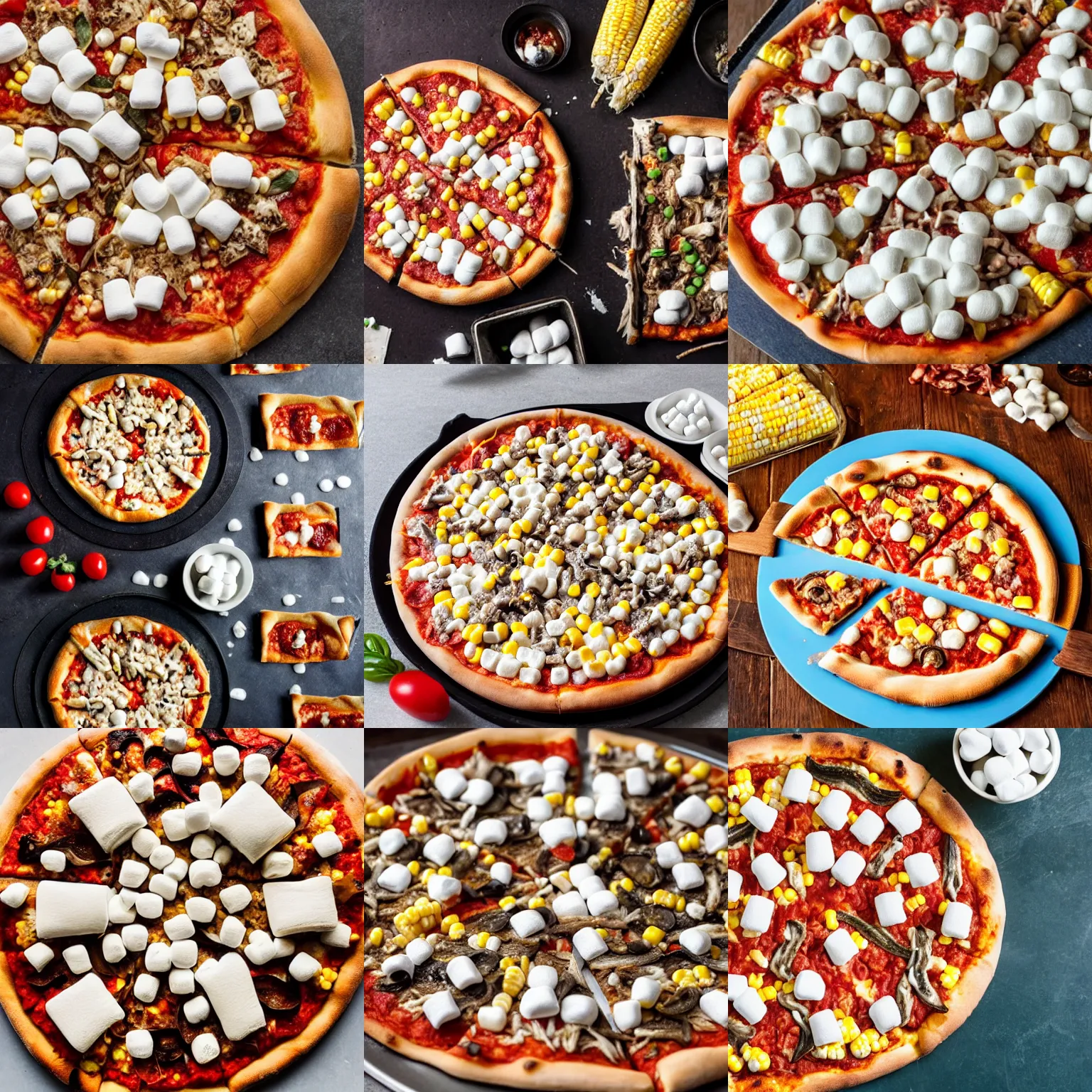 Prompt: A pizza with marshmallows, sardines, and corn as toppings