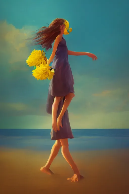 Image similar to closeup girl with huge yellow dahlia flower face, walking on beach, surreal photography, blue sky, sunrise, dramatic light, impressionist painting, digital painting, artstation, simon stalenhag