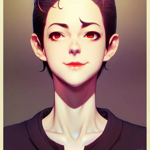 Image similar to youth sean young very slightly smiling, occlusion shadow, specular reflection, rim light, unreal engine, range murata, artstation, pinterest, art by hiroaki samura and ilya kuvshinov and rossdraws, intricate, highly detailed 8 k, art deco illustration, extremely beautiful shape of face, neck, shoulders eyes