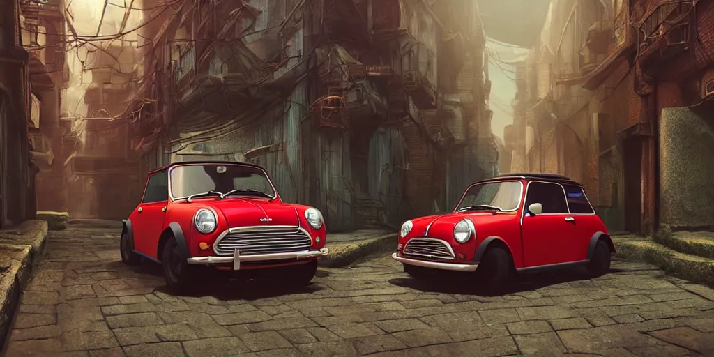 Image similar to a wholesome animation key shot of a focused old Red Mini Cooper car parked in an abandoned alleyway, medium shot, waist up, studio Ghibli, Pixar and Disney animation, sharp, very detailed, high resolution, Rendered in Unreal Engine 5, anime key art by Greg Rutkowski, Bloom, dramatic lighting