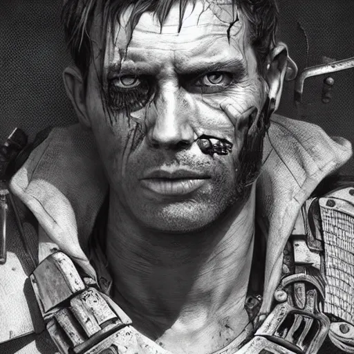 Image similar to portrait painting of a post apocalyptic man, ultra realistic, concept art, intricate details, eerie, highly detailed, fallout, mad max, wasteland, photorealistic, octane render, 8 k, unreal engine 5. art by artgerm and greg rutkowski and alphonse mucha