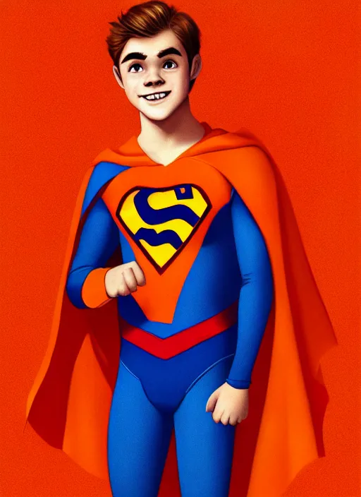 Image similar to friendly teenage archie andrews wearing an orange superhero costume with heart logo, heart, freckles, blue cape, heart emblem on chest, blue cape, intricate, elegant, glowing lights, highly detailed, digital painting, artstation, sharp focus, illustration, art by wlop, mars ravelo and greg rutkowski