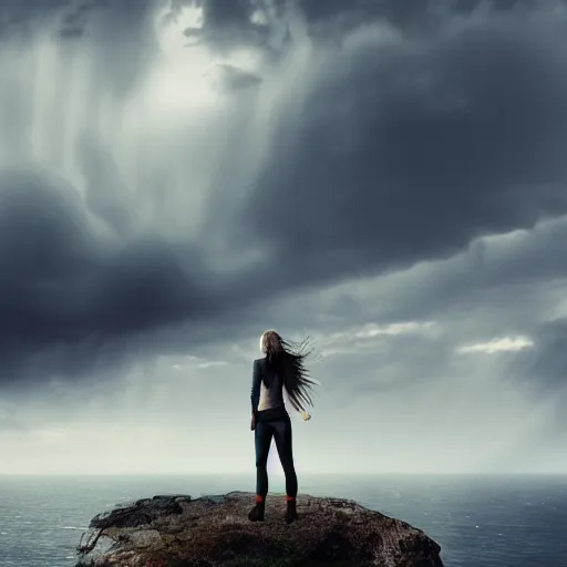 Prompt: Taylor Swift standing at the edge of a cliff, distant, stormy sky, concept art, 4k