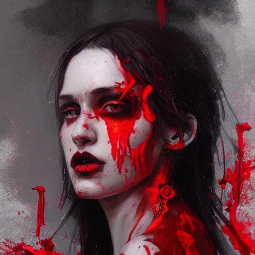 Image similar to goth girl covered in red paint, intricate, art by greg rutkowski, high detailed, 4 k,