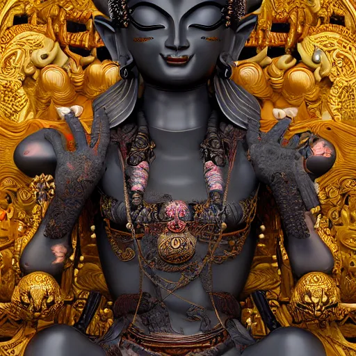 Image similar to naraka buddhist demon korean female, highly detailed, symmetrical long head, smooth marble surfaces, detailed ink illustration, raiden metal gear, cinematic smooth stone, deep aesthetic, concept art, post process, 4 k, carved marble texture and silk cloth, latex skin, highly ornate intricate details, in the style of 8 8 grzes