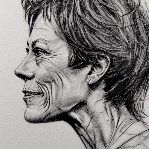 Image similar to a realistic yet scraggly portrait sketch of the side profile of a stern and sophisticated jamie lee curtis, trending on artstation, intricate details, in the style of frank auerbach, in the style of sergio aragones, in the style of martin ansin, in the style of david aja, in the style of mattias adolfsson