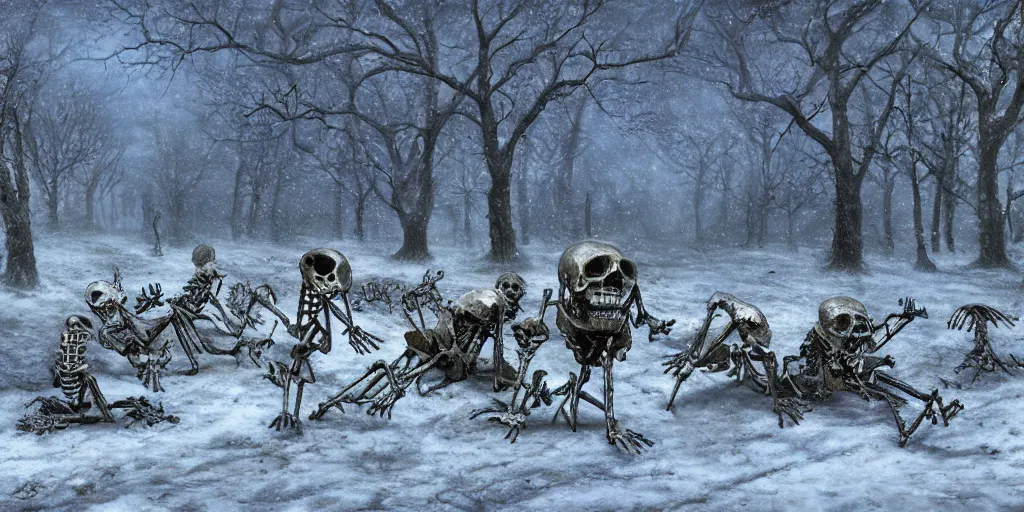 Image similar to a halloween landscape with few skeletons two ghosts and one witch around in november and fallen leaves and a sparingly bit of snow, by Ernest deutsch + Ted Nasmith, cinematic lighting, masterpiece, highly detailed, 8k resolution, trending on art station